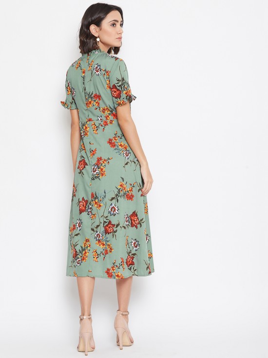 Frilled Collar And Sleeves Midi Dress
