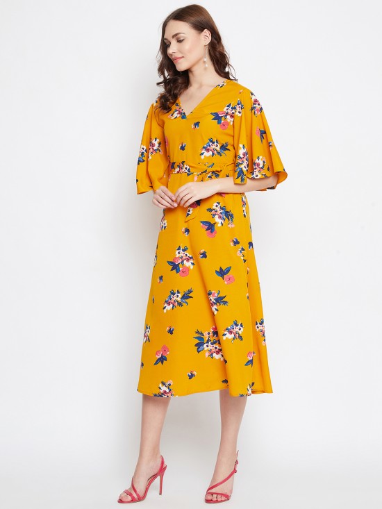 Floral printed flounce sleeves midi dress