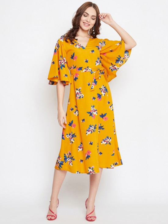 Floral printed flounce sleeves midi dress