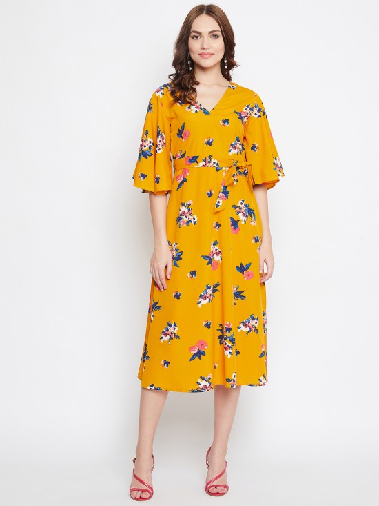 Floral printed flounce sleeves midi dress