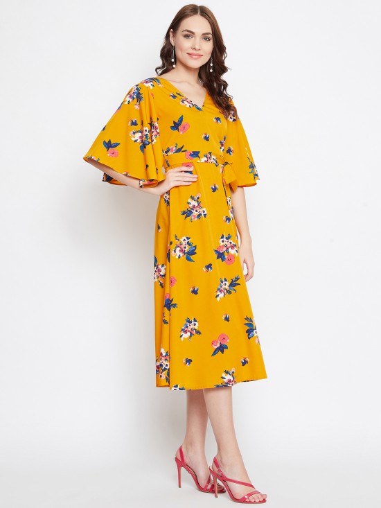 Floral printed flounce sleeves midi dress