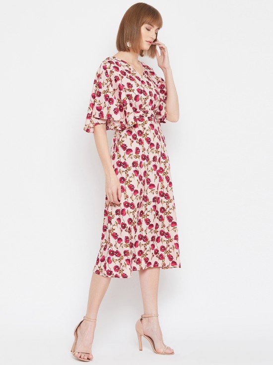 Floral printed flounce sleeves midi dress