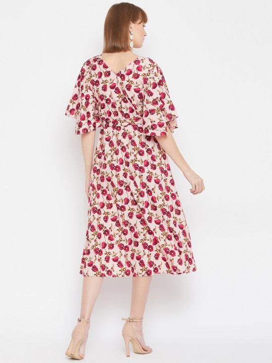 Floral printed flounce sleeves midi dress