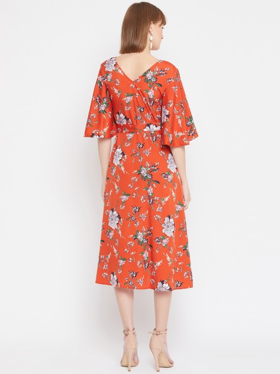 Floral printed flounce sleeves midi dress