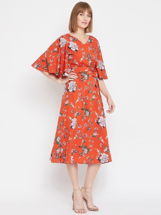 Floral printed flounce sleeves midi dress