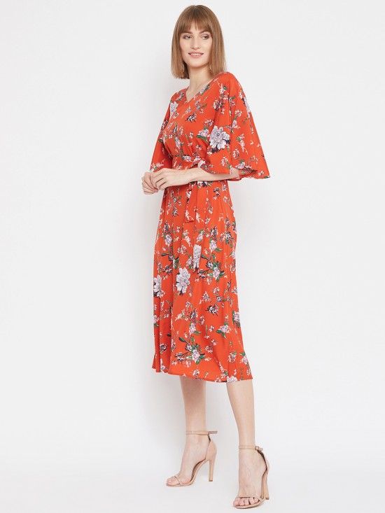 Floral printed flounce sleeves midi dress