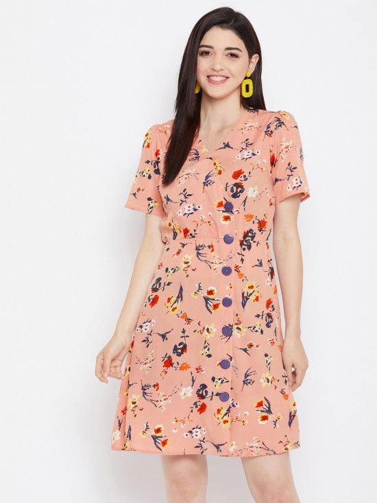 Floral printed show buttons dress