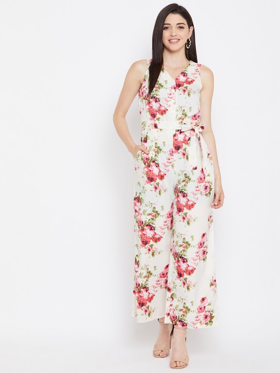 Floral Printed Waist Tie Jumpsuit