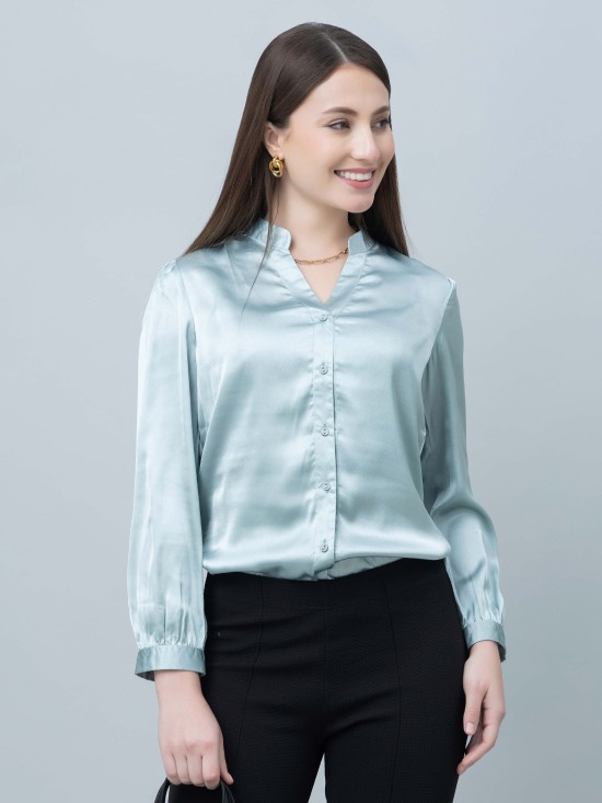 Women's Band Collar Formal Satin Shirt