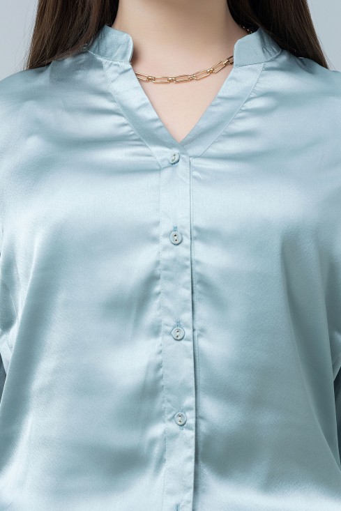 Women's Band Collar Formal Satin Shirt