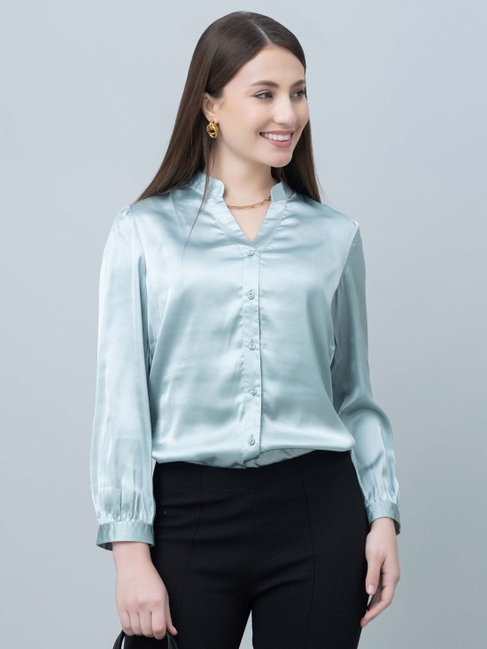 Women's Band Collar Formal Satin Shirt